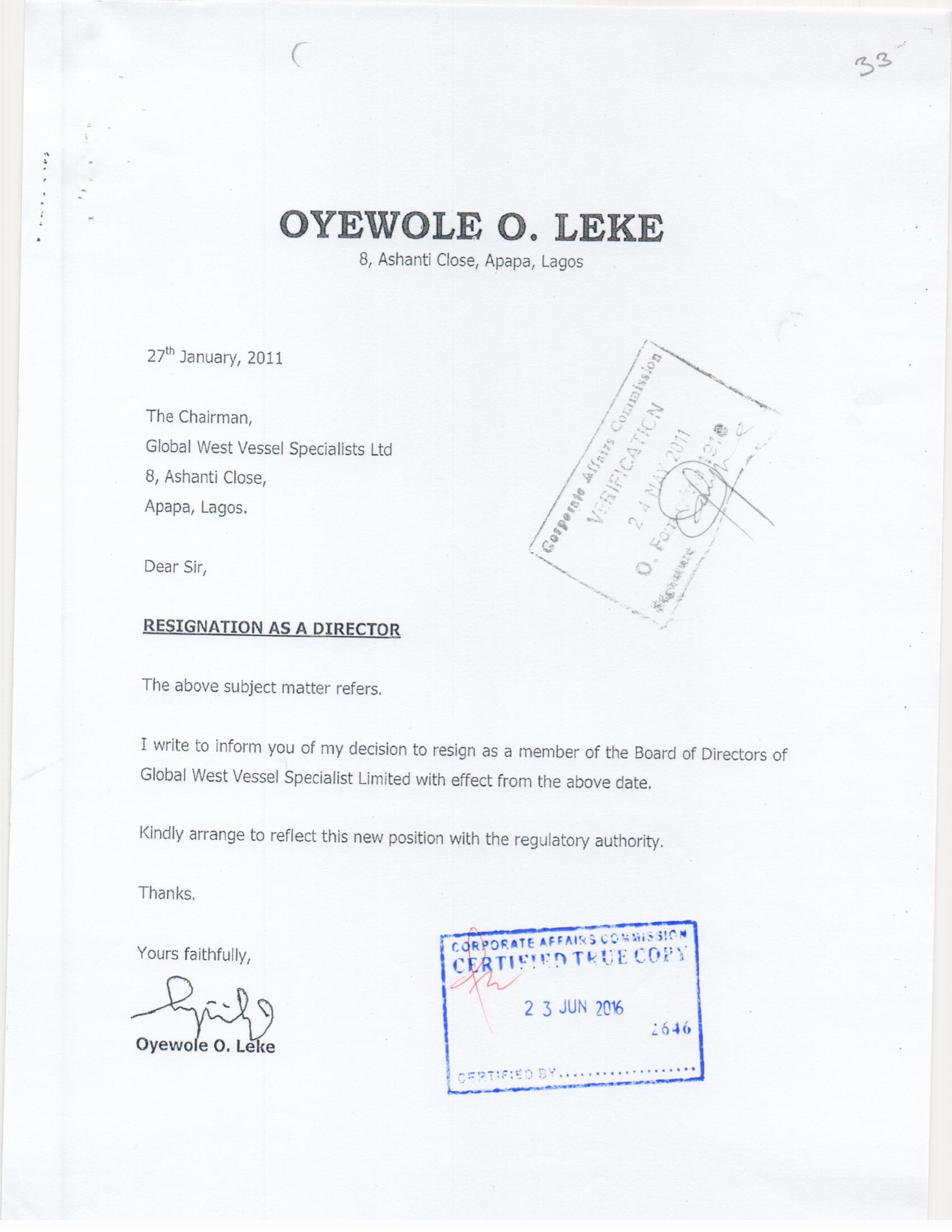 2011 Leke Global West Resignation