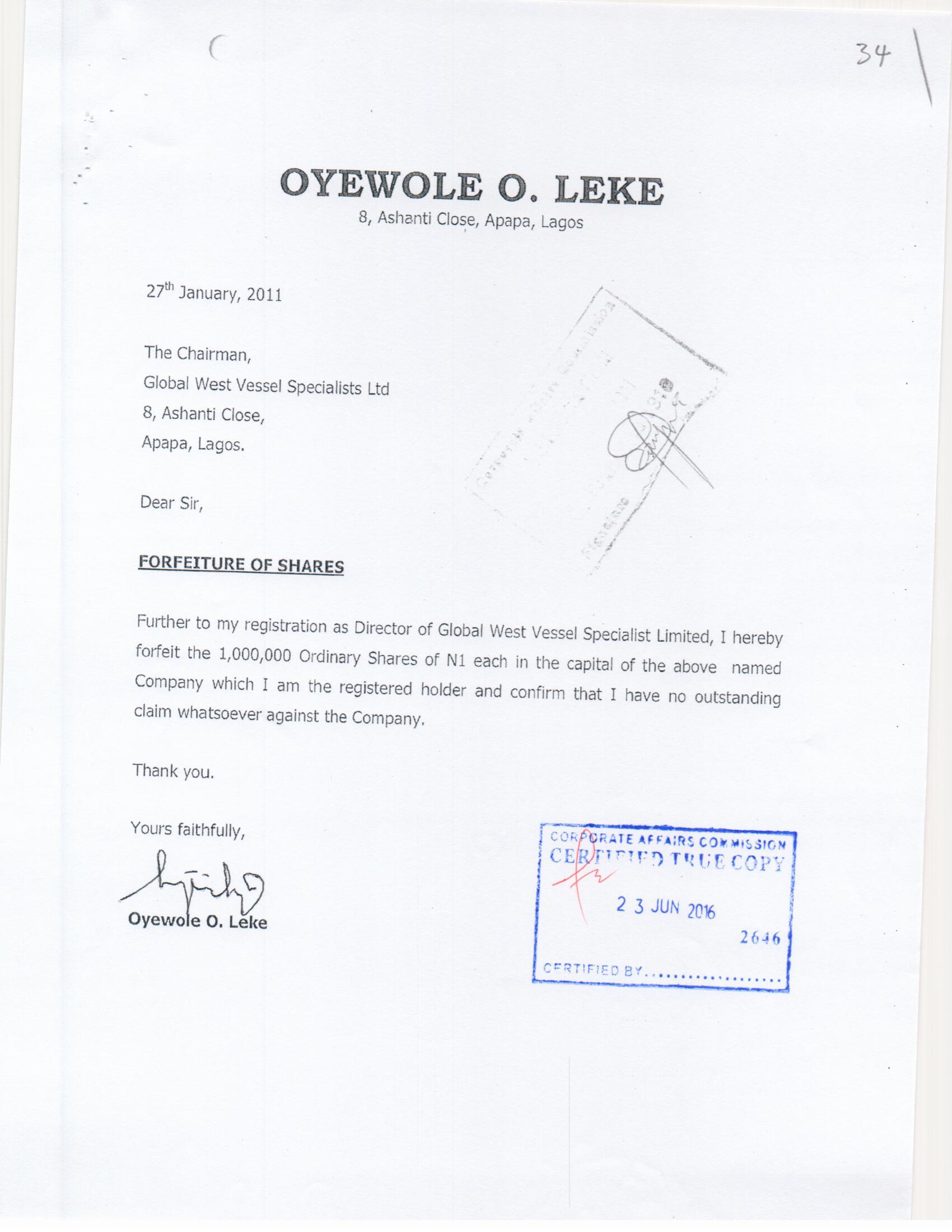 2011 Leke Global West Share Forfeiture