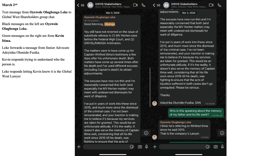 March 2 2024 Message From Leke to Global West Shareholders Revealing Global West Lawyer