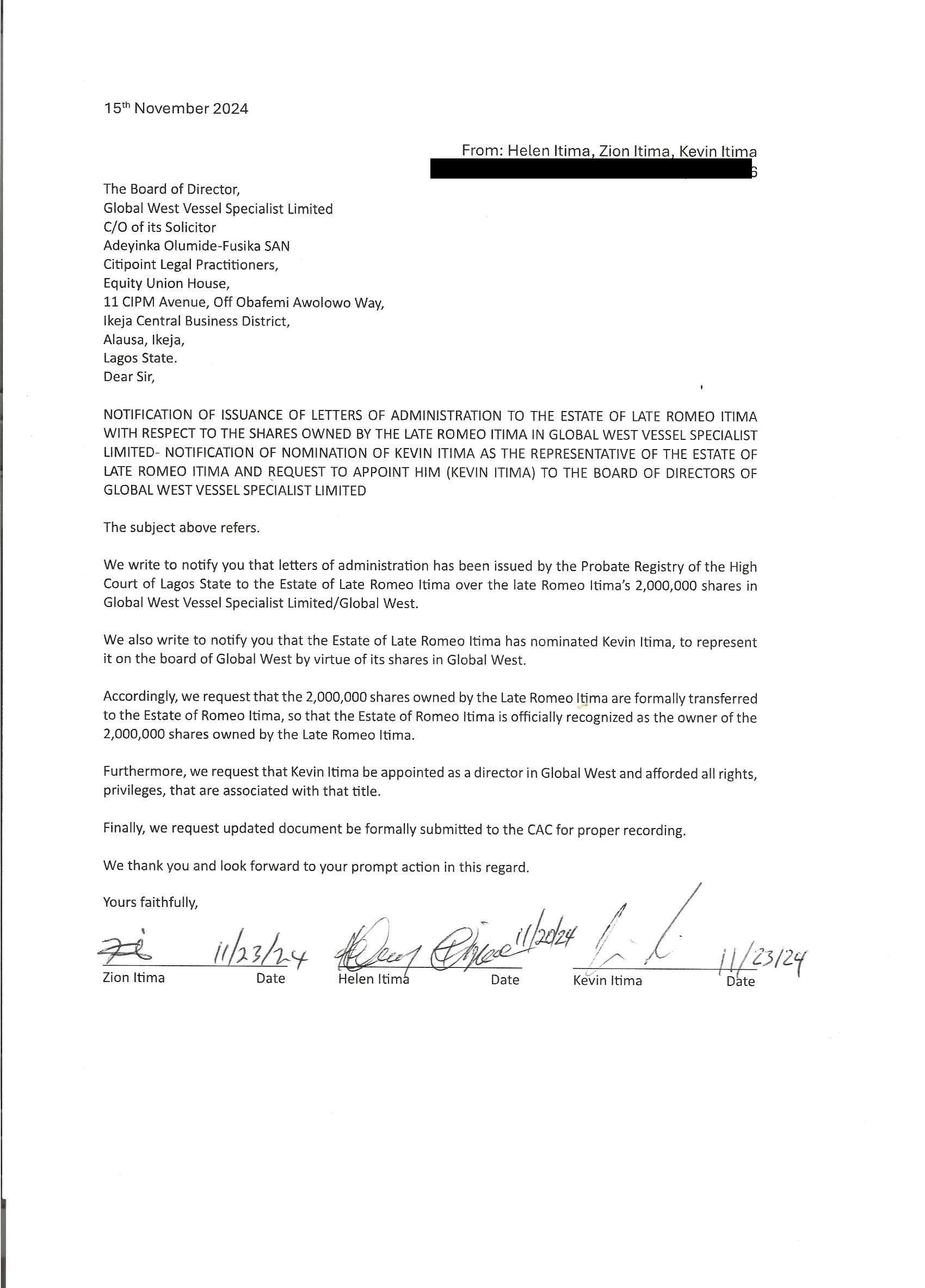 Nov 15th 2024 Global West Estate of Romeo Shares